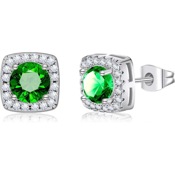 Women's Green Square Simulated Dainty Diamond Halo Sparkling Stud Earring - Picture 2 of 9